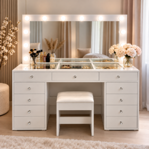 Hvidt makeup bord med Hollywood spejl og stol