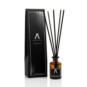 Reed diffuser with black bottle and tall black sticks beside a matching black box labeled A&S Choice, on a white background.