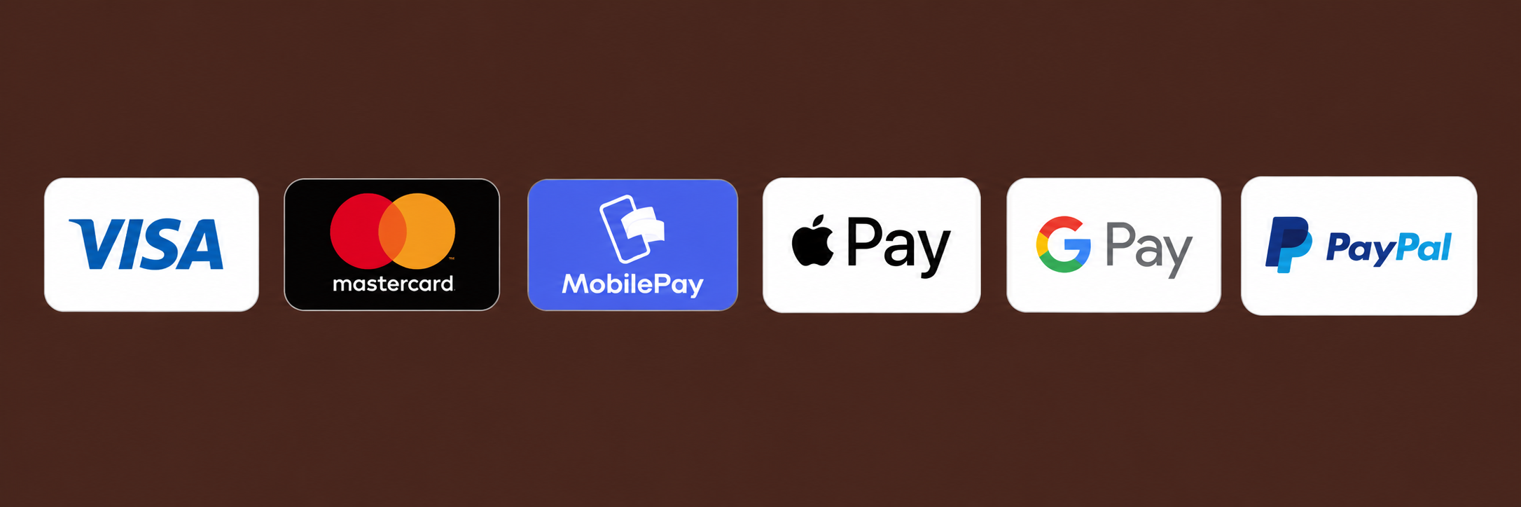 Visa, Mastercard, MobilePay, Apple Pay, Google Pay og PayPal