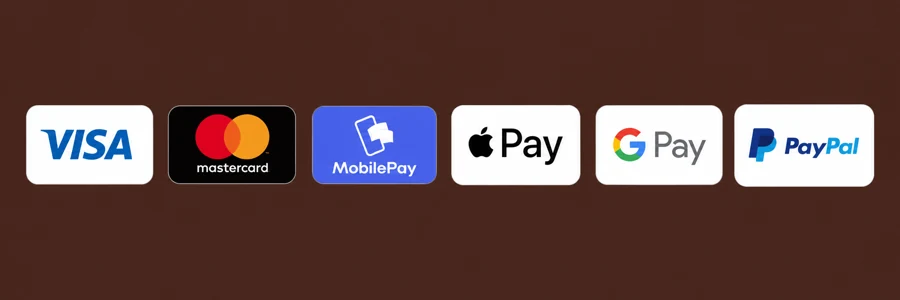 Visa, Mastercard, MobilePay, Apple Pay, Google Pay og PayPal